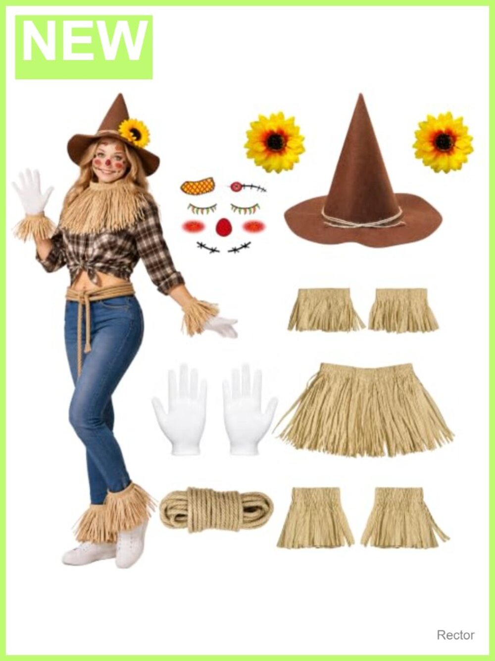 Scarecrow costume accessories set hat gloves raffia fringe cuffs